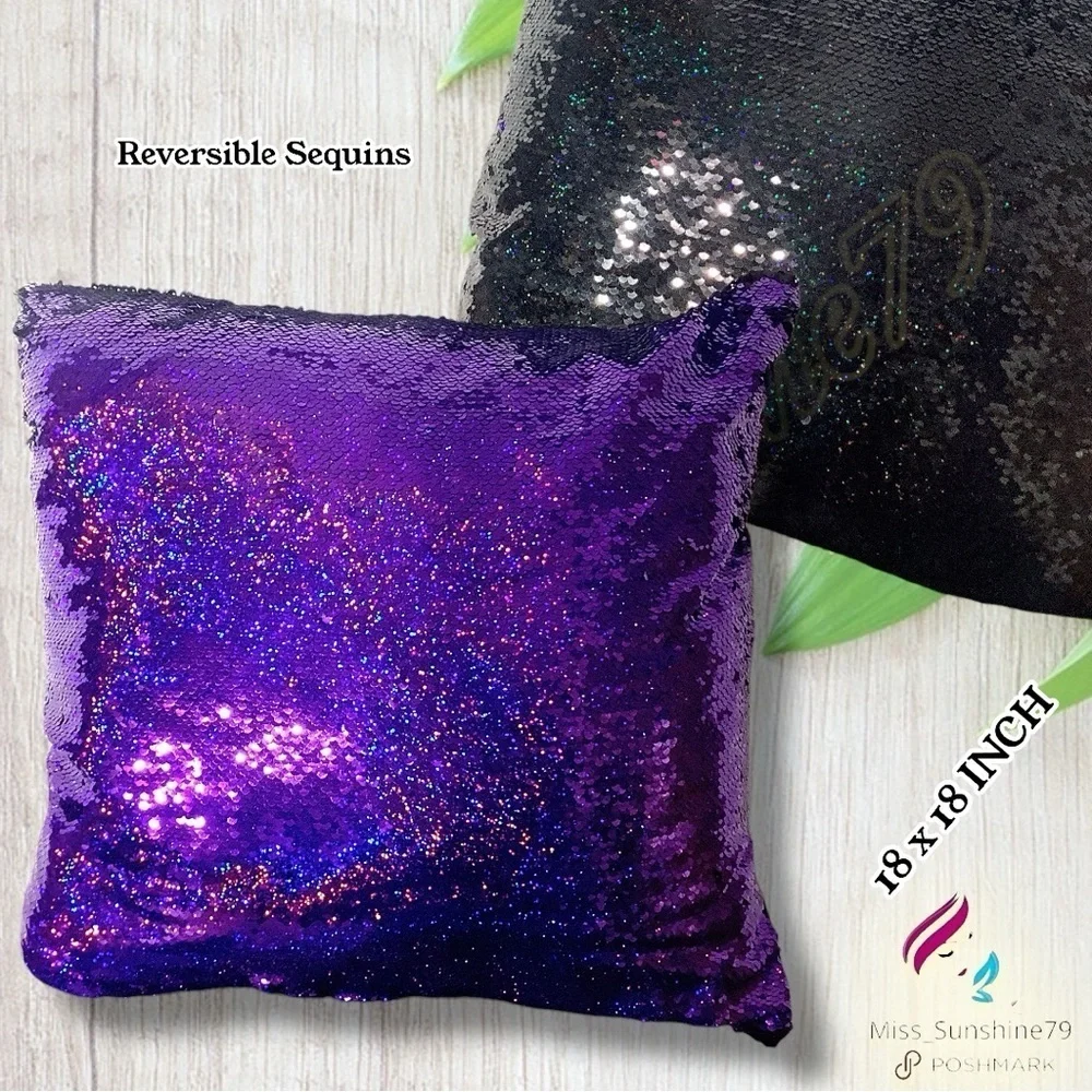 Reversible Sequins Pillow with black plush backside metallic purple & black